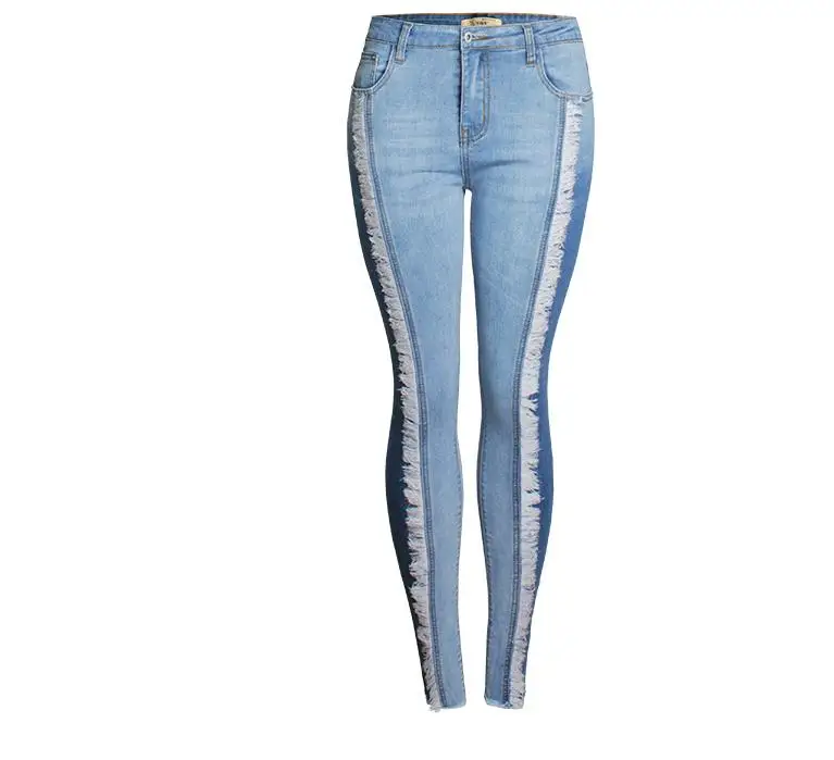 Для женщин; Большие размеры джинсы с бахромой эластичный пэчворка джинсовые узкие брюки-карандаш Повседневное Высокая талия эластичные