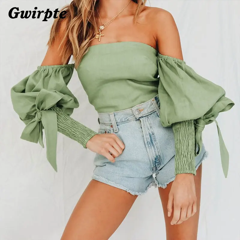 

Gwirpte Off Shoulder Ruffles Strapless Lantern Sleeve Casual Women Backless T Shirt Sexy Beach Summer Crop Tops Female Shirts