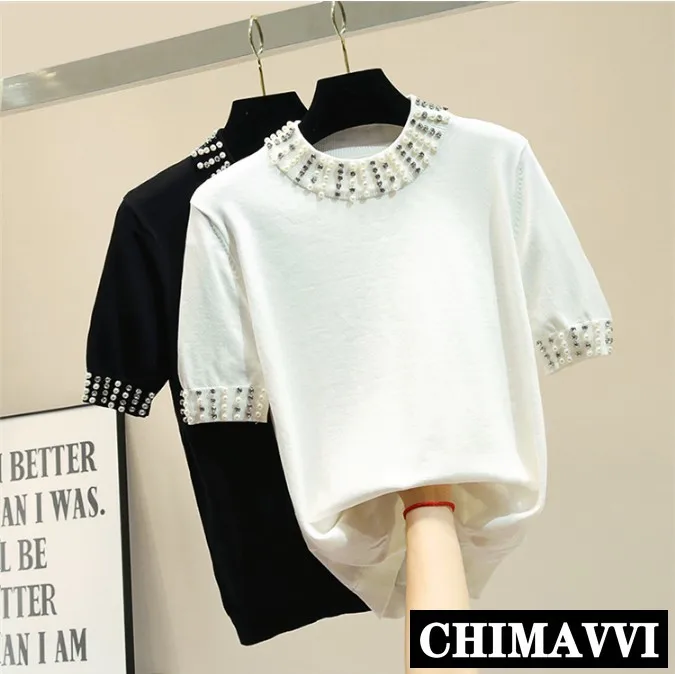 

Ice Silk Knitted Shirt Women Summer Thin Knitwear 2019 Korean Heavy Beads Black and White Short Sleeve Loose Pullover Tops