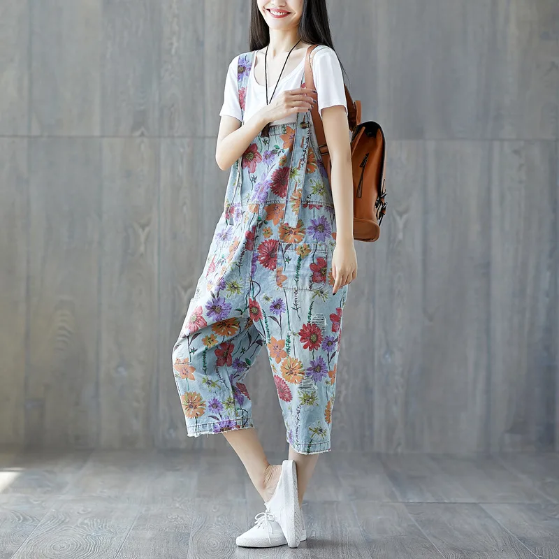 THE NLMU 2018 Loose Floral Print Denim Overalls Women Autumn Casual Plus Size Flower Pattern Ankle-Length Pants for Girl JH58 Pants
