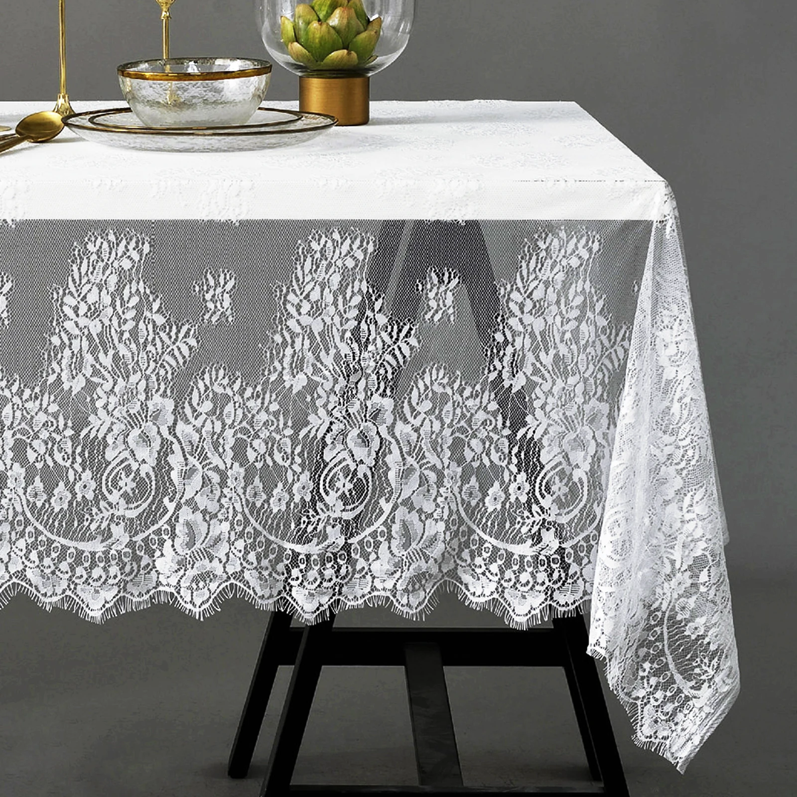

Rectangle Mesh Lace Eyelash Table Cloth Embroidered Tablecloth Veil Fabric For Boho Wedding Festival Party Home Table Decor