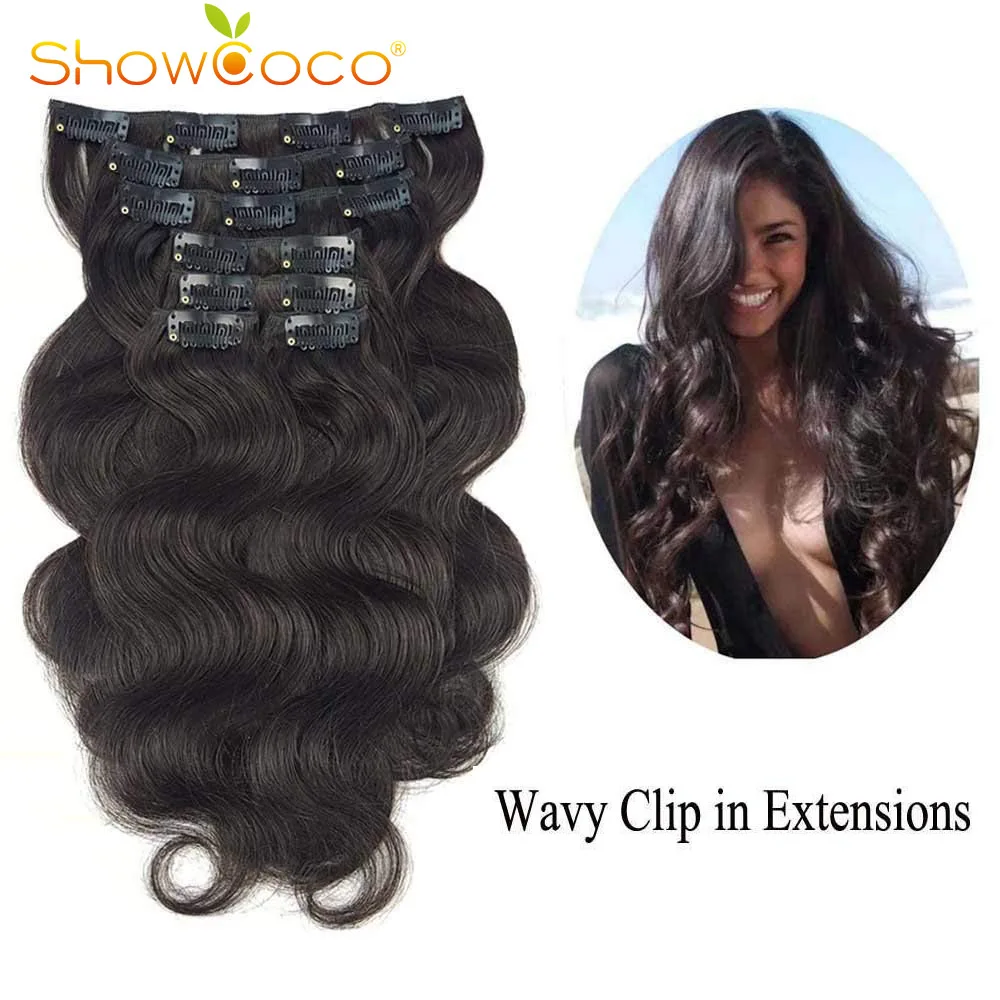 

ShowCoco Clip in Human Hair Extensions Body Wave 7 pieces set Double Wefts Korean Clip on Hair Extension 14"-24"