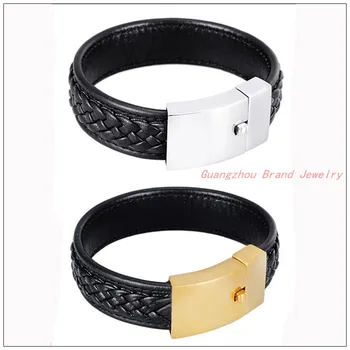 

8.86"*20mm 46g Fashion Mens Jewelry 316L Stainless Steel Silver&Gold color Magnetic Clasp Male Bangle Bracelet Black Leather