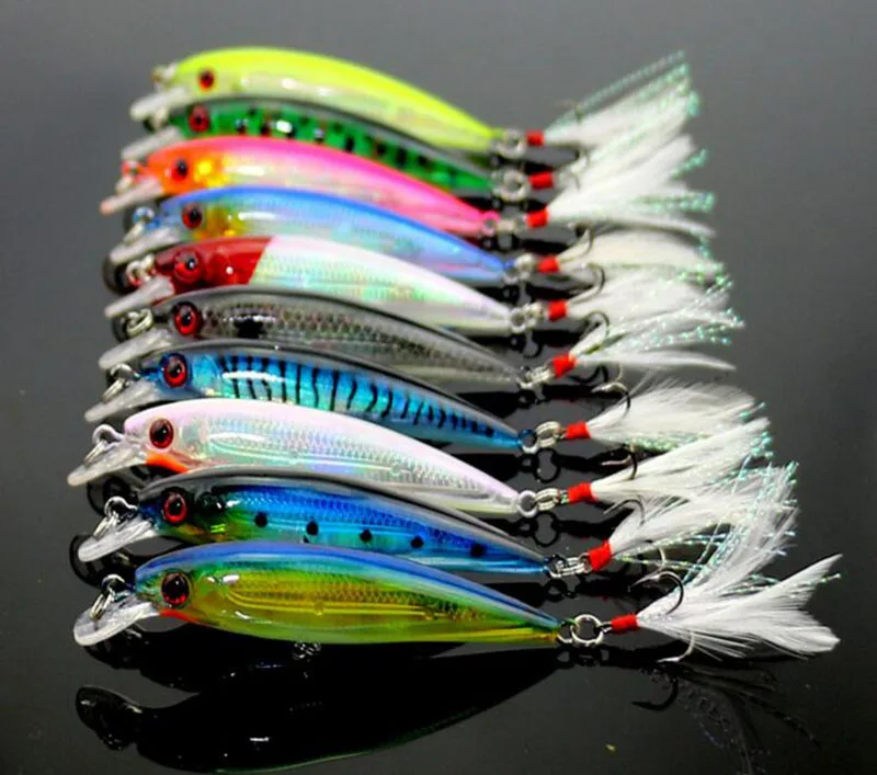 

10Pcs Minnow Fishing Lure Swim Hard Bait 9cm 8g Artificial Plastic Feather wobbler Bait Crankbait Fishing Tackle
