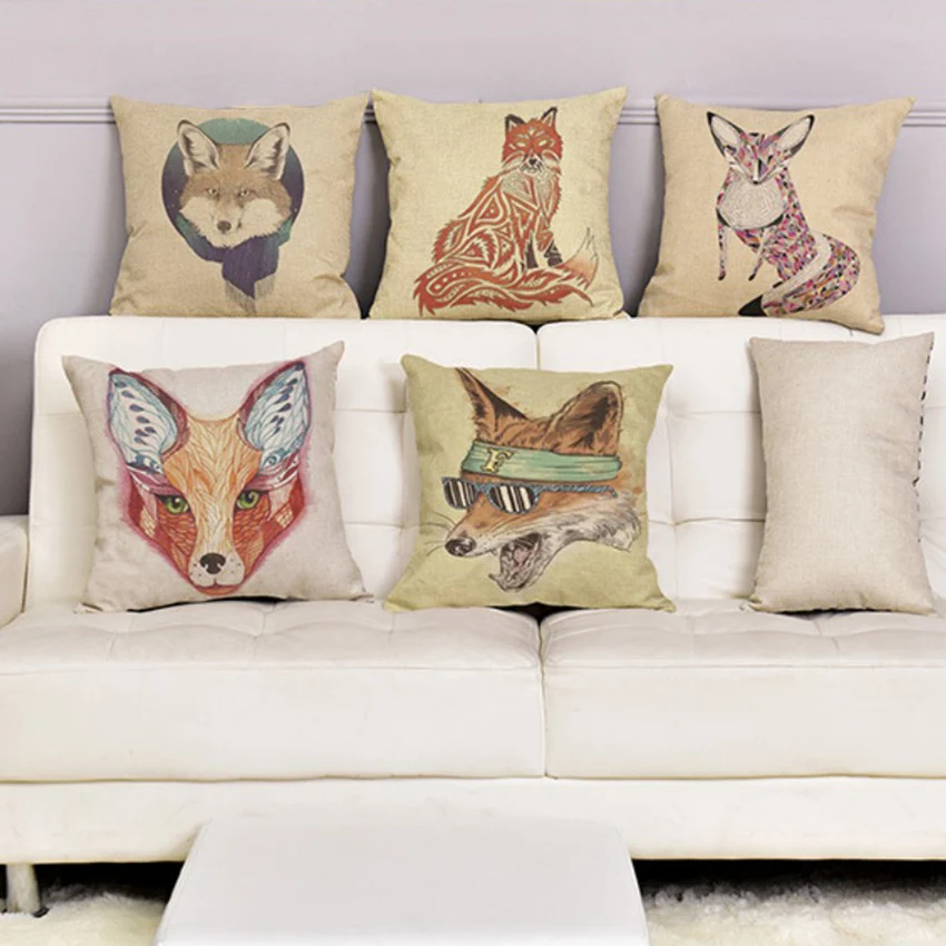 Animal Print Fox Cushion Covers Home Sofa Throw Pillow Cases Decorative Cotton Linen Fundas