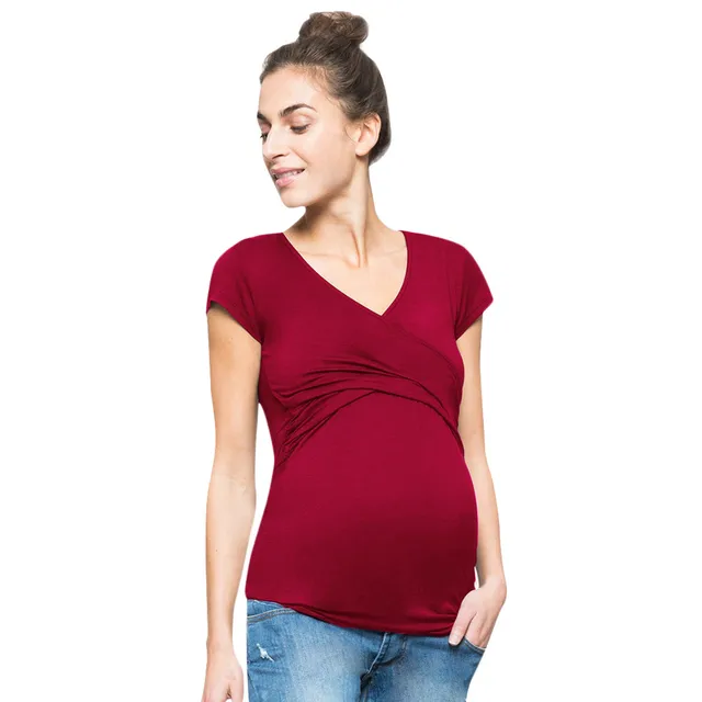 Women Solid Color Comfortable Pregnant T-Shirt Cotton Nursing Baby For Maternity Multifunctionl Maternity Blouse T-Shirt Summer