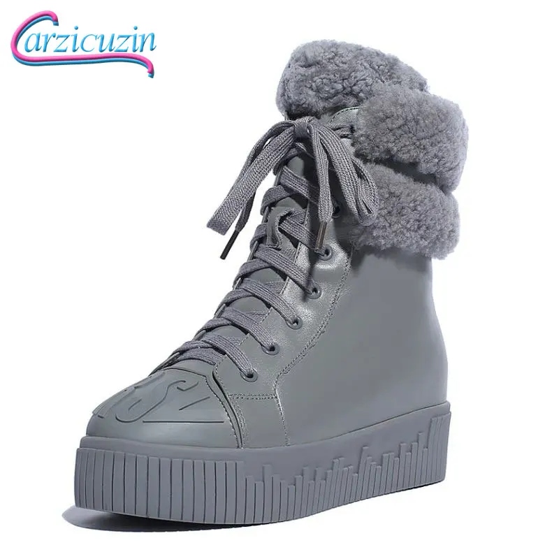 

Winter Genuine Leather Women Ankle Boots Warm Thickend Sheep Fur Snow Plush Insole Platform Boots Lace Up Women Shoes Size 34-39