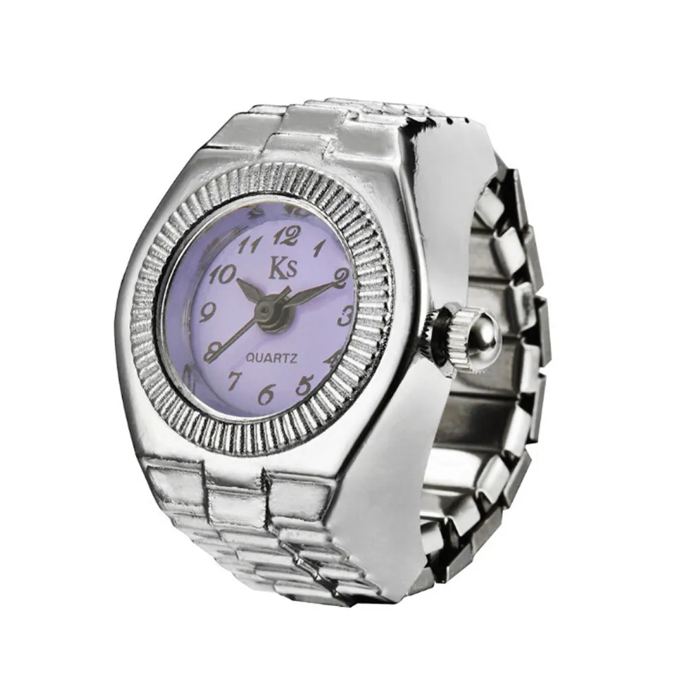 Модные мужские Креативные Часы из нержавеющей стали с кольцом на палец, кварцевые аналоговые часы с циферблатом, стальные крутые эластичные парные часы для женщин - Цвет: Purple