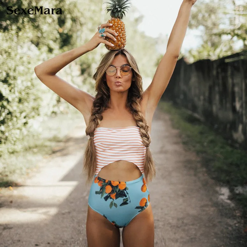 Striped Print 2018 Sexy One Piece Swimsuit Women Hollow Out Halter Bodysuit Swimwear Female Monokini Bather Bathing Suits XL hollow out bodysuit