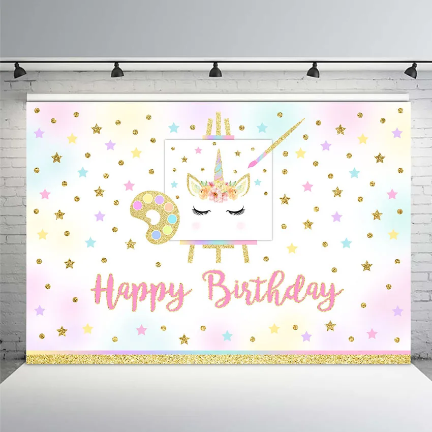 

Unicorn Backdrop Birthday Party Golden Glitter Dot Star Pink Paintting Newborn Baby Shower Photography Background Photo Booth