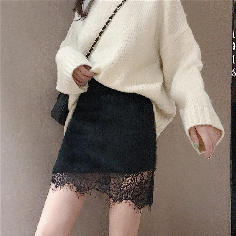 

Lychee Girls Lace Patchwork Women Mini Skirts Empire Waist Female Short Pencil Skirts Autumn Winter Sexy Sweet Skirts Bottom
