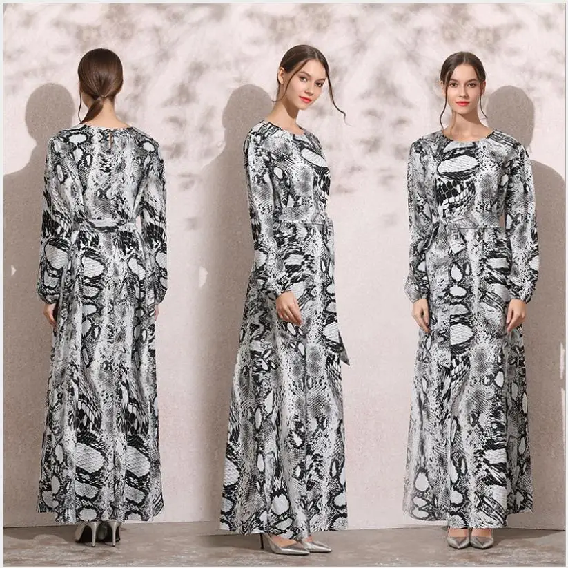 

2019 Women Long Arabian Muslim Dress Snake Print O-Neck Long Sleeve Islamic Clothing Plus Size Kaftan Dubai Maxi Dresses Casual