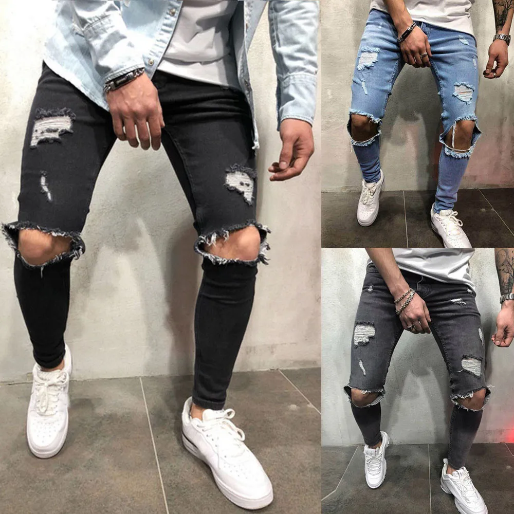 Jogging Trousers For Men Mens Skinny Stretch Denim Pants Distressed Ripped Freyed Slim Fit Jeans Trousers Man Pants Outdoor