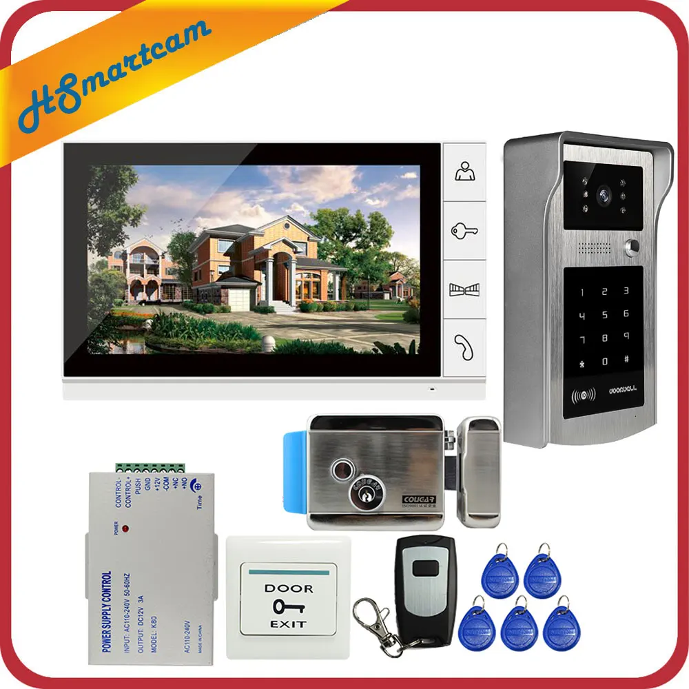 New 9 inch Color Screen Video Door Phone Video Intercom Kit + Touch Outdoor RFID Code Keypad Number Doorbell Camera 1 Monitors
