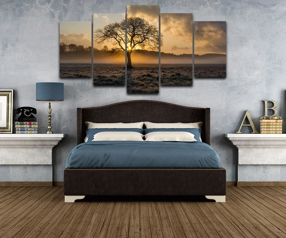 Картина на холсте винтажная Настенная картина в рамке напечатаны картины 5 панели с постерами Sunrise Tree пейзаж фото для декора гостиной