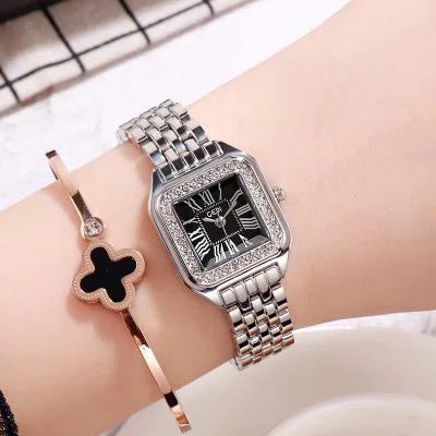Relogio Masculino GEDI новые модные роскошные брендовые маленькие квадратные Стразы с циферблатом браслет из нержавеющей стали Кварцевые женские часы saati - Цвет: Silver Case Black