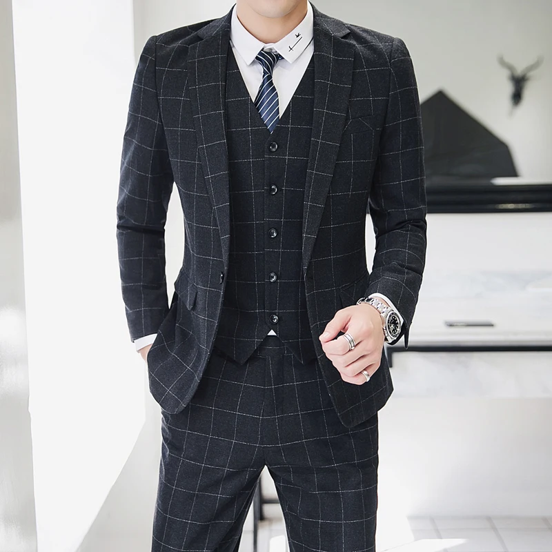 Fashion Men Plaid Suit Size 4XL Business Banquet Men Dress Suits Comfortable and Elegant Men 3 Piece Set