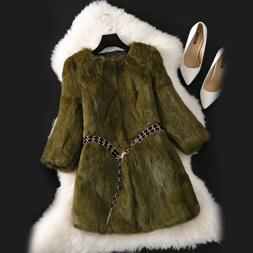 Новинка, Женская осенне-зимняя куртка из натурального кроличьего меха, натуральный мех кролика, длинное стильное пальто, женская Качественная верхняя одежда из кроличьего меха - Цвет: ARMYGREEN