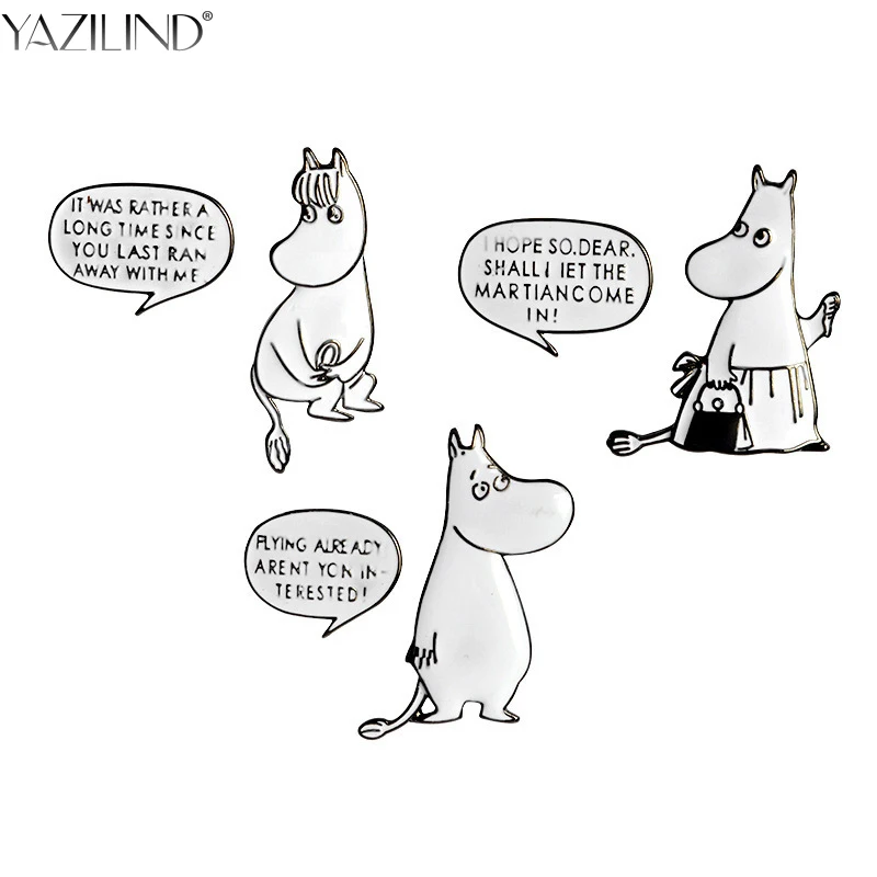 YAZILIND 2pcs/set Cute Hippo and English Sentence Brooch Enamel Cartoon