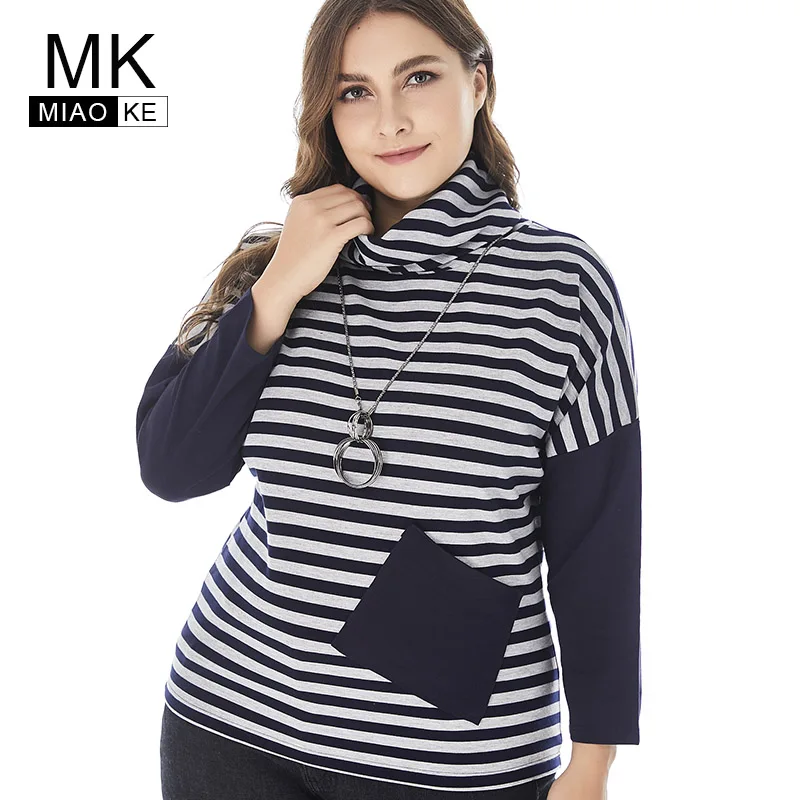 

Miaoke 2018 Winter Womens Plus Size turtleneck t shirt High Quality Fashion Ladies Casual Stitching pocket Oversized Striped top