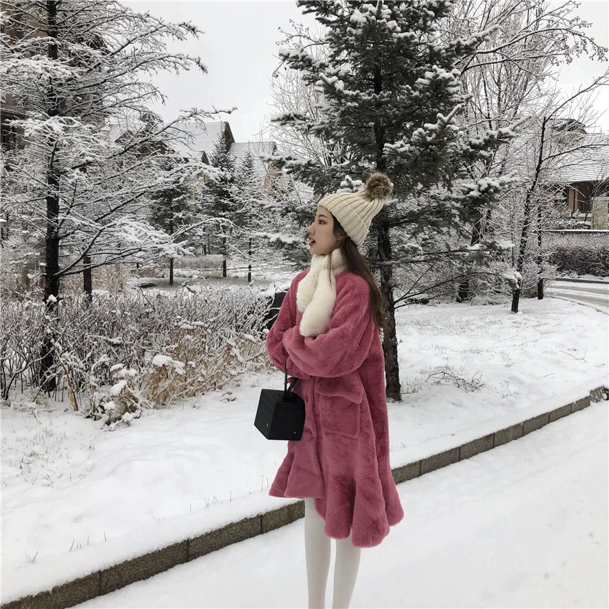 

Women winter Dress single breasted button fish tail long Sleeve Solid color faux fur thick Women Dress (R5520)