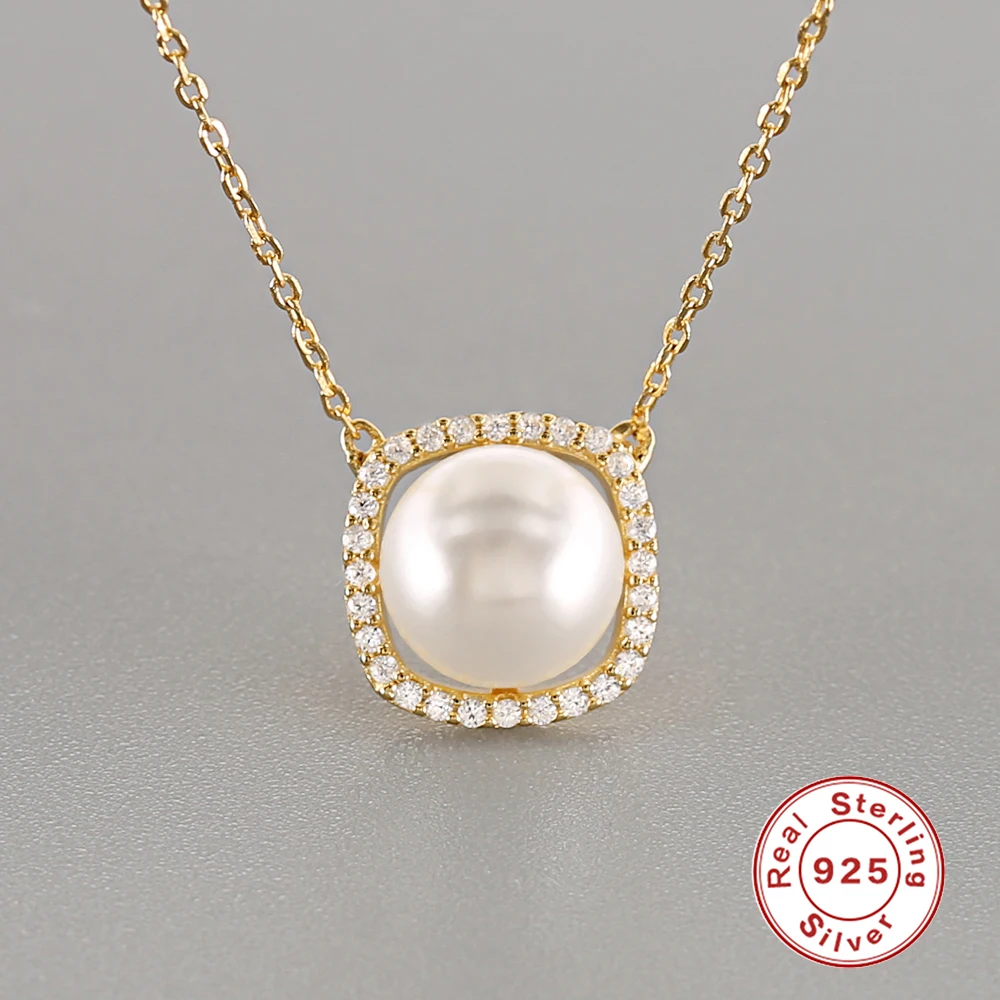 

925 Sterling Silver Filled Square Shape Pendant Necklace for Women Gold Color Pearl Necklace Female Classic Jewelry C40