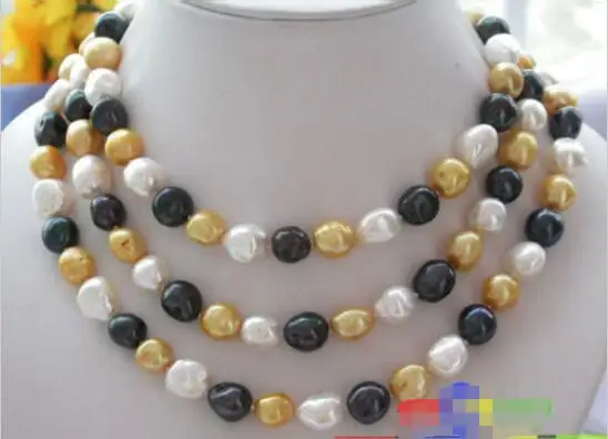 

Free shipping hot sale Women Bridal Wedding Jewelry >>50" 12mm white black golden baroque pearl necklace