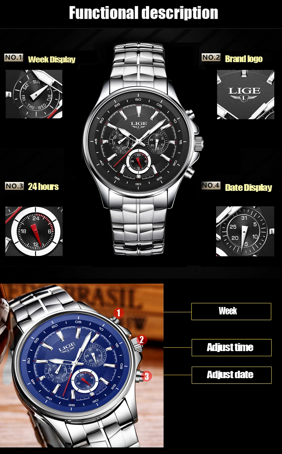 Мужские часы LIGE, Топ бренд, роскошные мужские военные водонепроницаемые спортивные часы, мужские многофункциональные кварцевые часы, Relogio Masculino