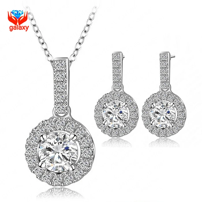 

Luxury White Gold Color Wedding Dress Jewelry Sets Top AAA+ Round CZ Diamant Pendant Necklace Earrings Set for Women ZS008