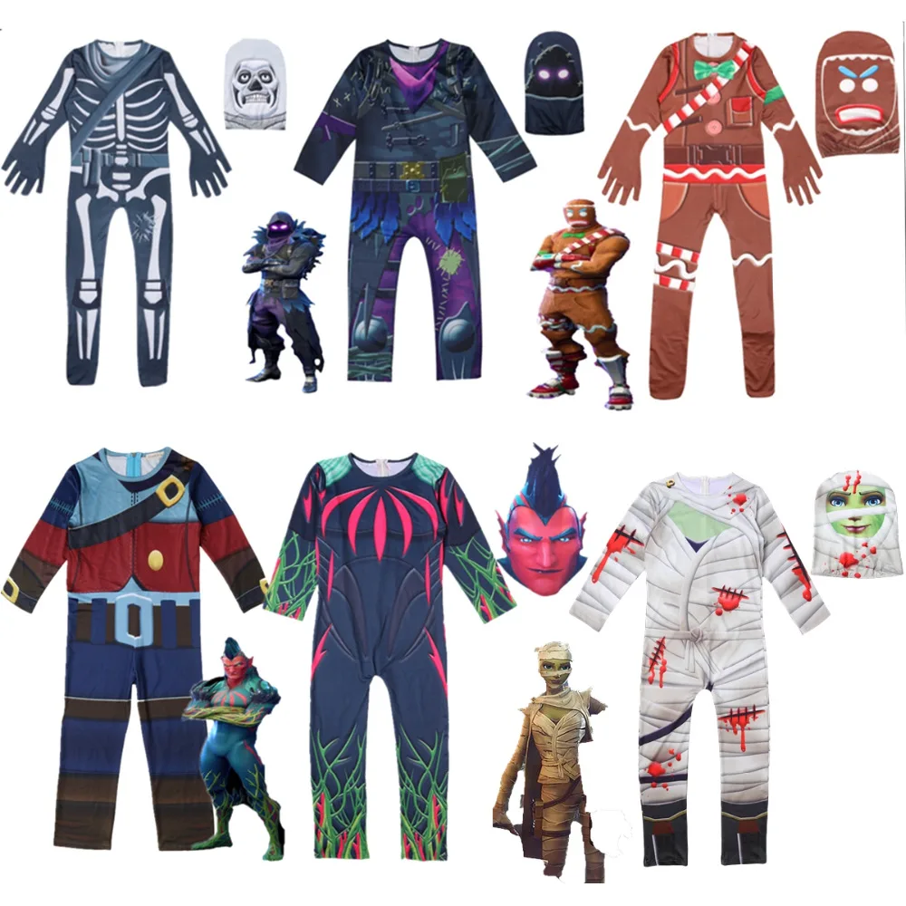 

Kids Boys Skull Trooper Raven Cosplay Jumpsuit Halloween Party Costume Battle Royal Skeleton Children Carnival Clothing Age 8-18