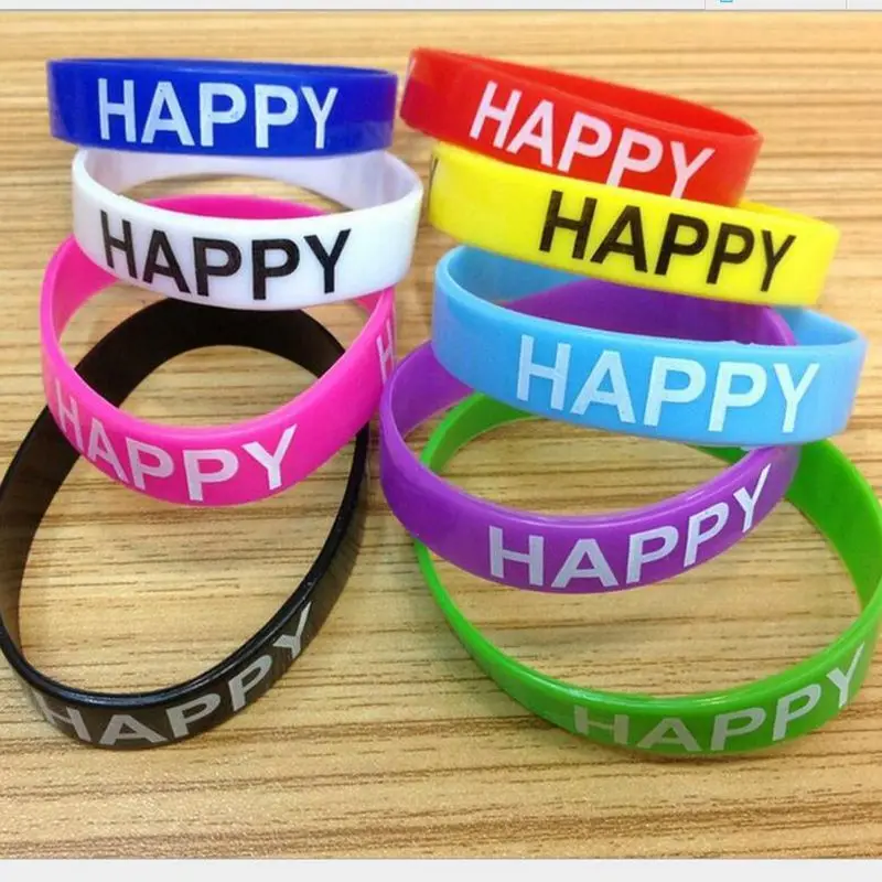 100pcs/lot Low Price Mixed Silicone Rubber Wristband Bangle HAPPY Print