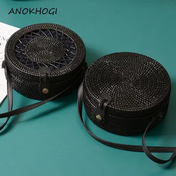 

Black Rattan Handmade Woven Women Shoulder Bags Hollow Out Stars Patchwork Circle Round Crossbody Bag Straw Weave Handbags B160