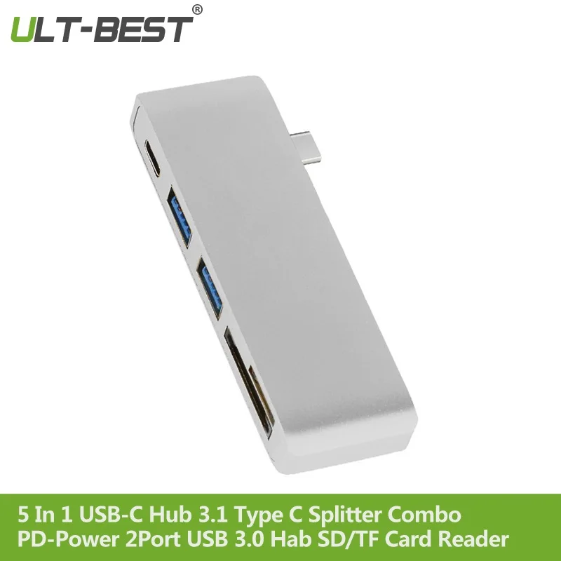 

ULT-BEST 5 In 1 Multifunction USB-C Hub 3.1 Type C Splitter Combo Power Delivery PD-Power 2Port USB 3.0 Hab SD/TF Card Reader