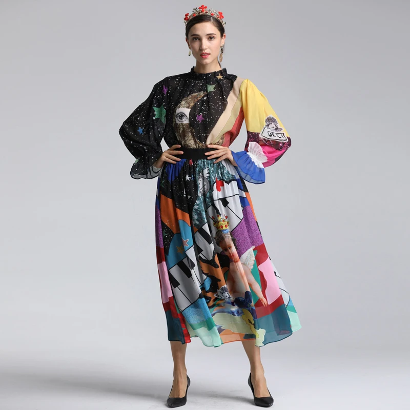 

Red RoosaRosee 2019 Spring Summer Women Sets New Flare Sleeve Loose Blouse + Large Swing Bohemian Skirt Fashion Suit