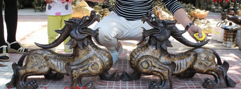 

26" China FengShui Exquisite Bronze Dragon Kylin PiXiu Unicorn Beast Statue Pair