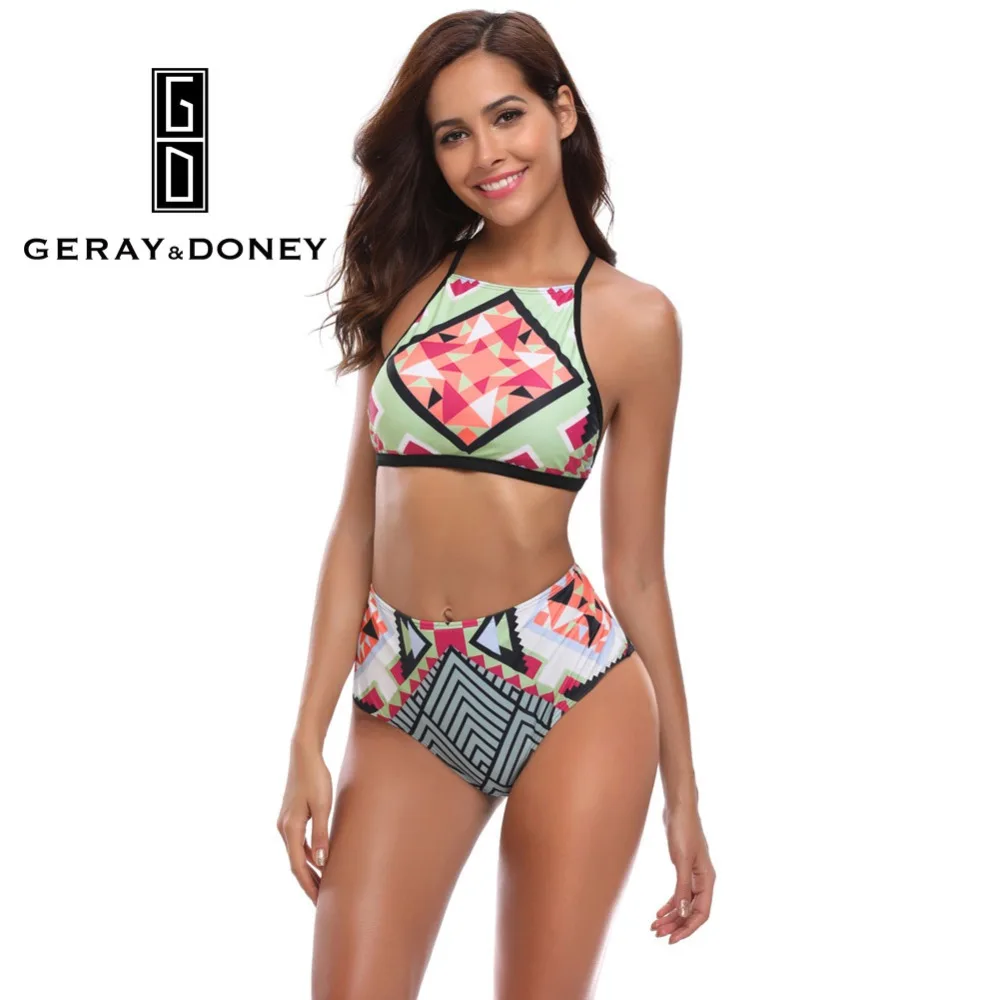 

2PCS Bikinis Set Stylish Geometric Print High Neck Highwaist Swimsuit