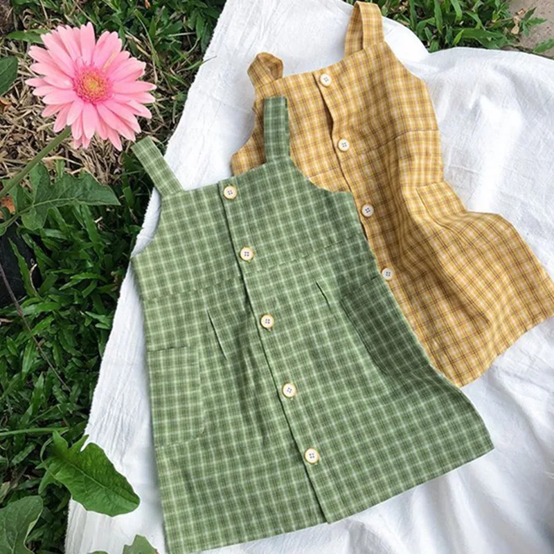 Little Girls Suspender Dress 2019 Summer Children Clothes Cotton Single-breasted Plaid Vest 2-7Years Dresses | Детская одежда и
