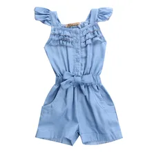 Летний комбинезон для маленьких девочек, джинсовый повседневный комбинезон с бантом без рукавов