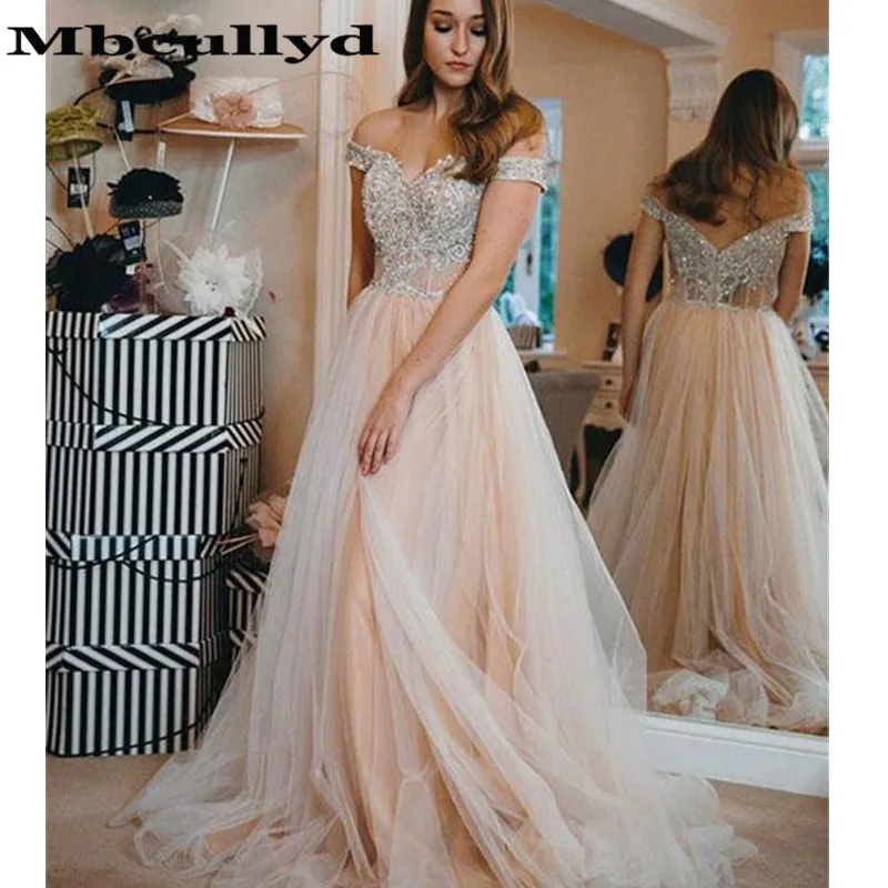 

Mbcully Light Champange Prom Dresses With Appliques Lace 2023 Luxury Beading Evening Dress For Women vestidos de fiesta de noche
