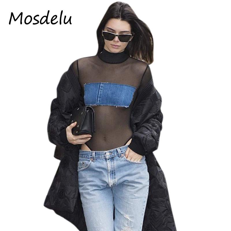 Mosdelu Sexy Mesh Bodysuit Women Kendall Jenner denim Summer romper