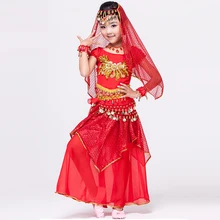 Детские костюмы для танца живота, 5 шт.(топы, юбка, цепочка на талии, манжеты и вуаль), индийские платья для детей, костюмы для танца живота