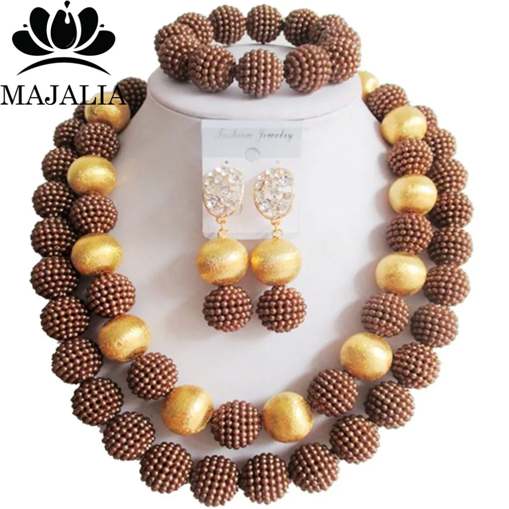 Модный комплект ювелирных изделий в Африканском нигерийском стиле на свадьбу с бусинами коричневое пластиковое ожерелье браслет серьги MO-431