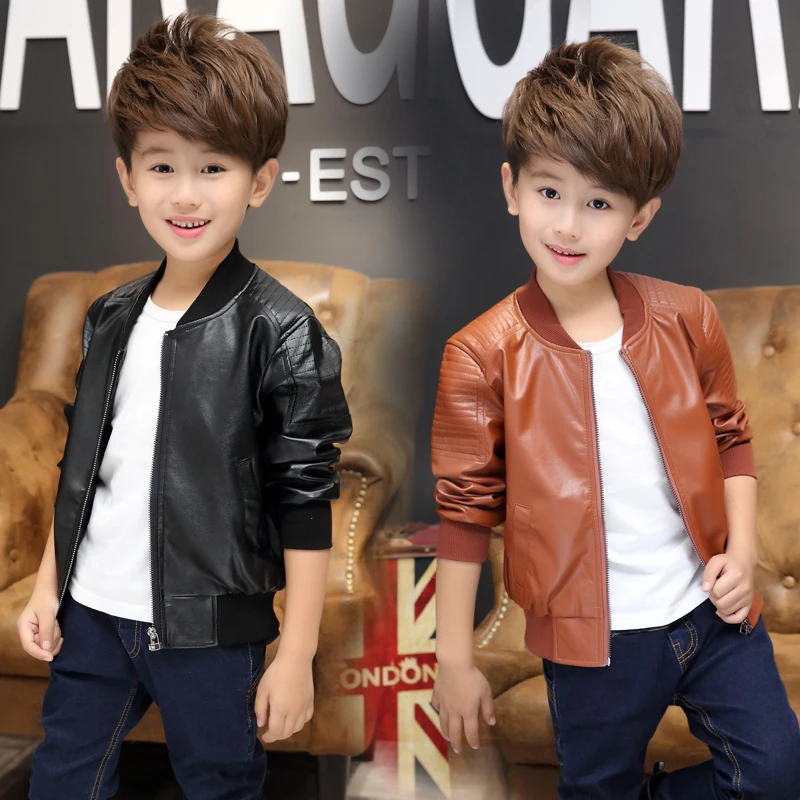 2018 New Teenager Baby Boys Leather Jacket Boys Casual Black Solid