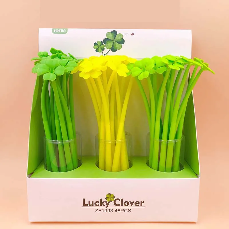 

48 Pcs/lot Four-leaf Clover Gel Pen Cute Silicone 0.5mm Black Ink Signature Pen School Writing Supplies Stationery Gift