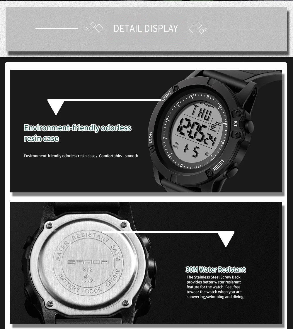 SANDA 372, электронные спортивные часы, мужские водонепроницаемые часы, цифровой светодиодный светильник, наручные часы для мужчин, спортивные часы для мужчин
