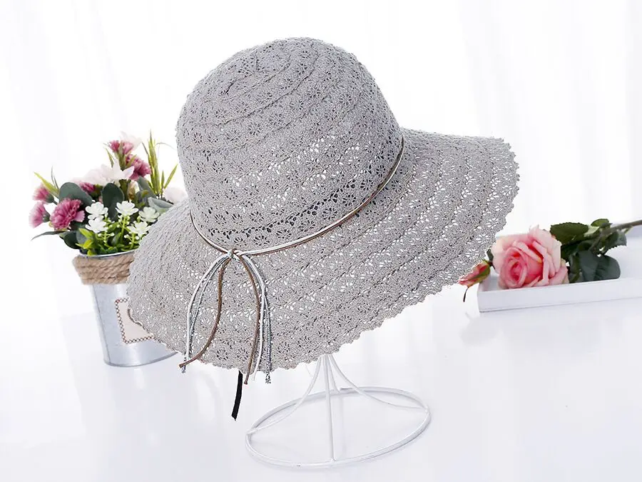 Летняя мода складной хлопка пляжные лук ВС шляпы для Для женщин Мода Дизайн Для женщин пляжные Защита от солнца Hat Складная соломенной шляпа