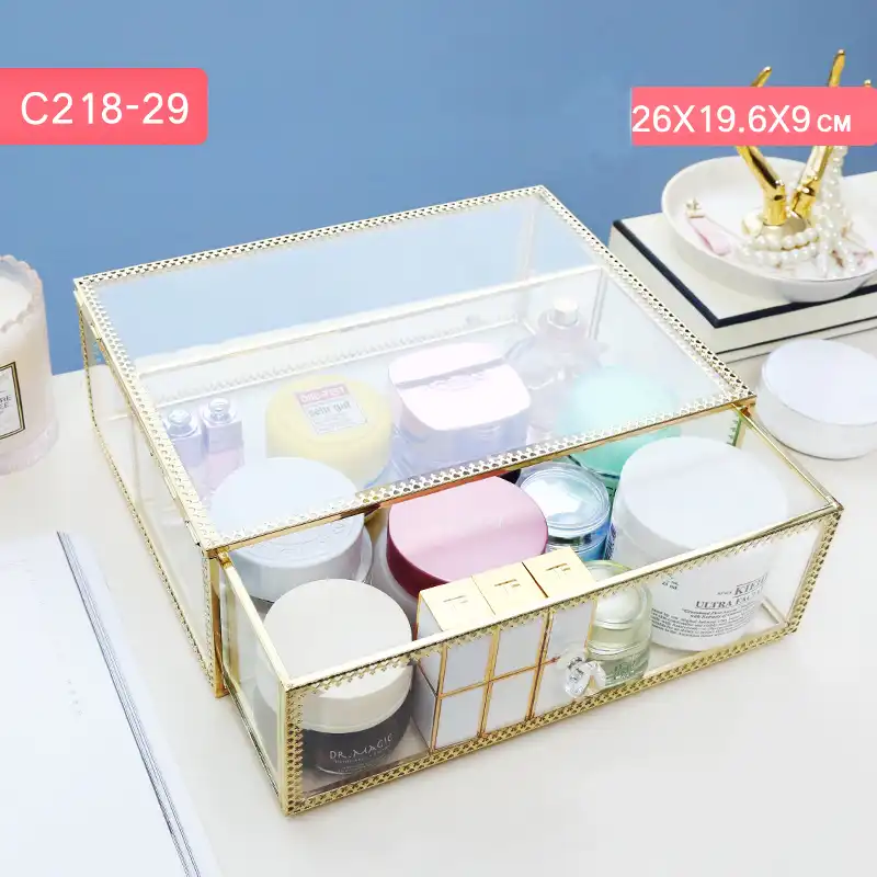 Anfei Glass And Metal Makeup Organizer With Drawer And Lid High