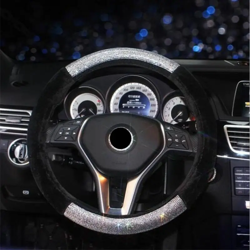 

Crystal Rhinestone Plush Leather Steering Wheel Covers Cap Steering-Wheel Cover Auto Car Interior Accessories For Women Girls