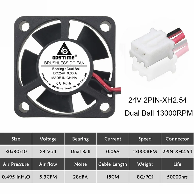 2 шт. Gdstime двойной шариковый подшипник постоянного тока 24 В 12 В 5 в 3 см 30 мм 30x30x10 мм 3010 Бесщеточный Мини кулер охлаждающий вентилятор - Цвет лезвия: 24V Ball XH2.54
