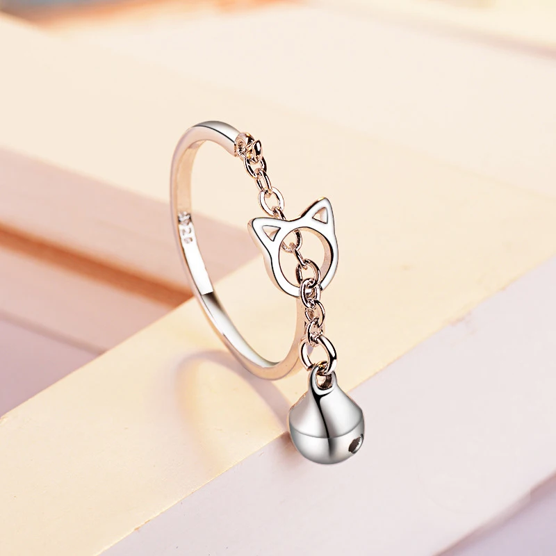 

Genuine Silver Color Cat and Bell Dangle Open Finger Rings for Women Chrismas Gift Luxury Silver Jewelry